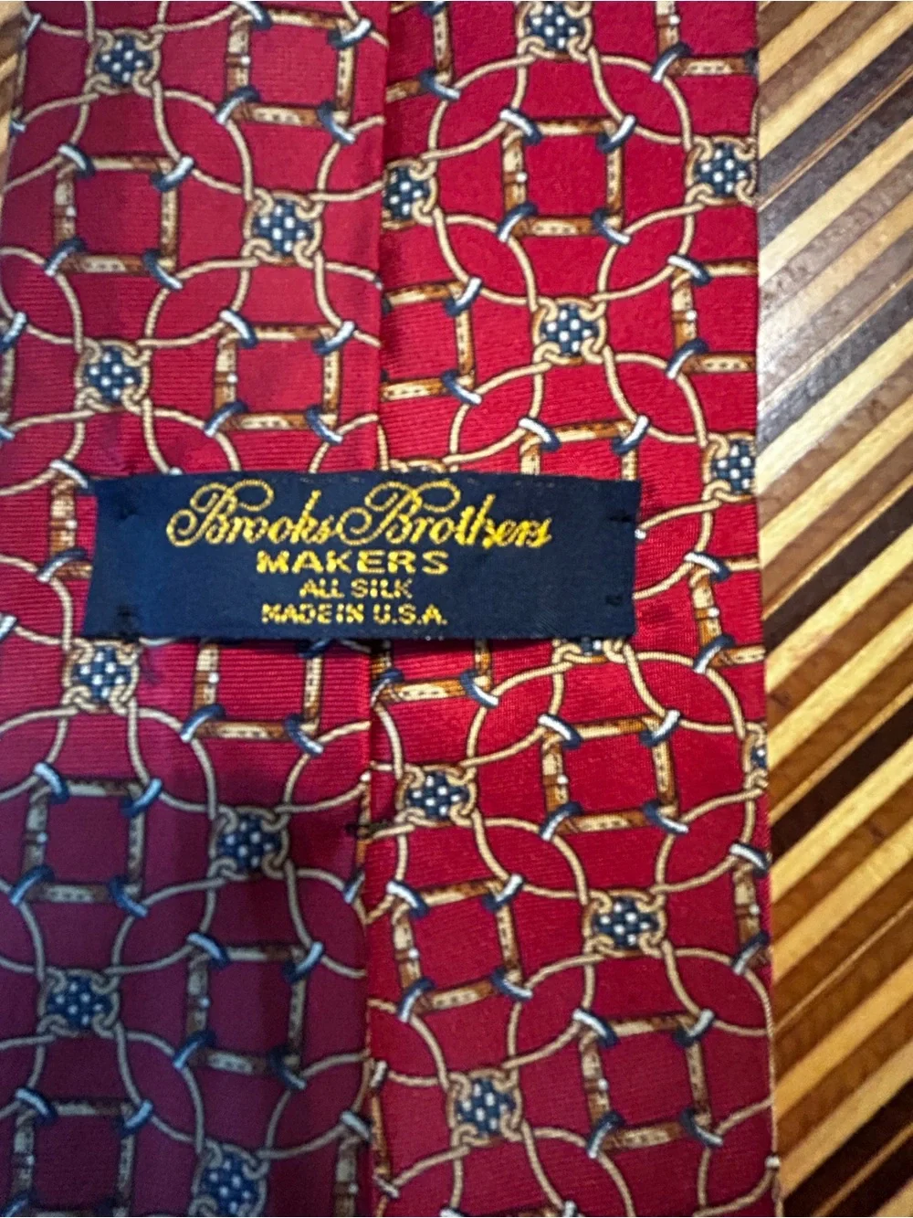 Brooks Brothers Red Silk Tie with Gold and Navy Chain Motif